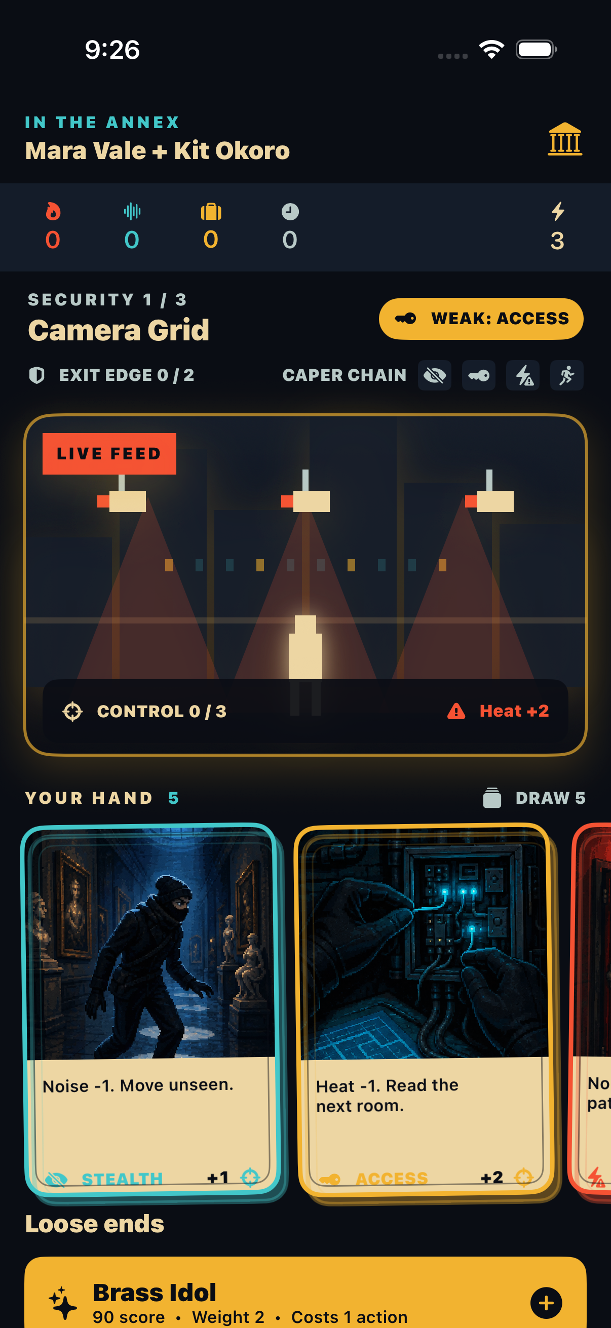 Pocket Heist prototype showing illustrated cards beneath the Camera Grid security beat